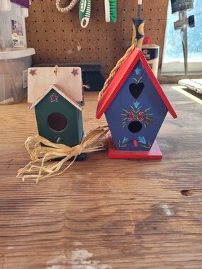 Hand-Painted Wooden Birdhouses - Blue & Green